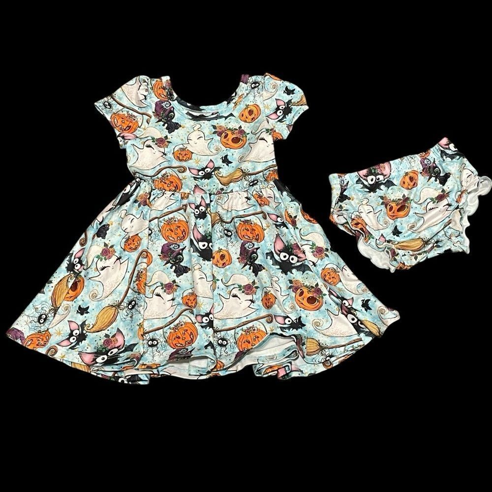 Charlie’s Project Kids Halloween Twirl Dress and Bloomers Blue Black Orange 2T